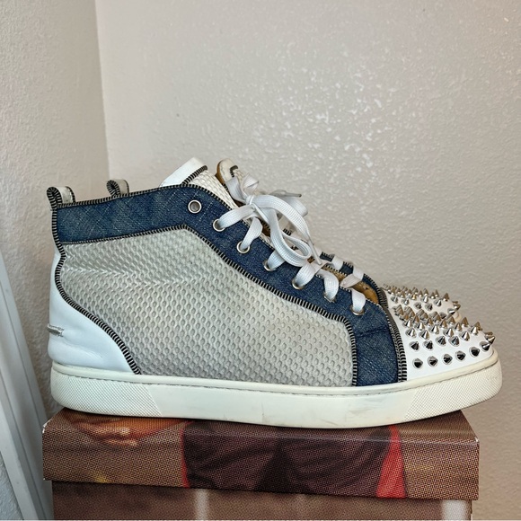 Christian Louboutin Denim and White Studded Sneakers Men’s Spikes Red Bottoms